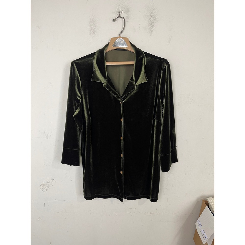 Avenue Stretch Olive Green Velvet Button Down Shirt Womens 18/20 3/4 Sleeve Top